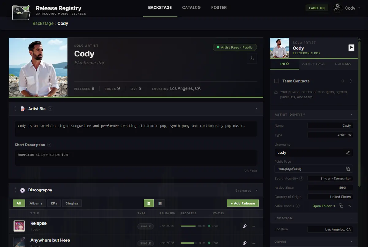 Artist dashboard with release progress and live status
