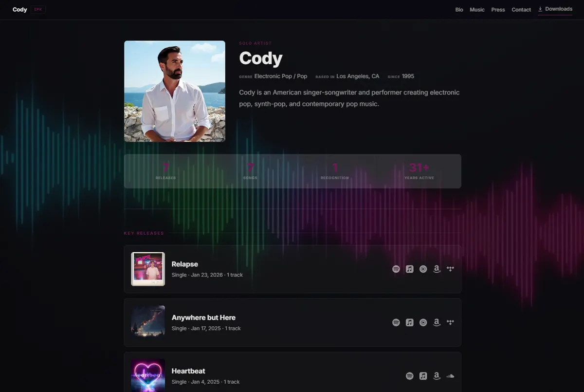 Artist Page example in the Dark-EPK theme